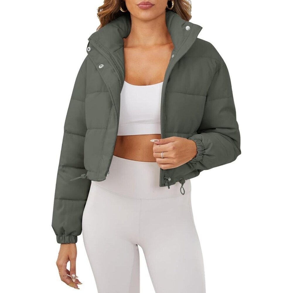 Women's Cropped Puffer Jacket Long Sleeve Puffy Coat Stand Collar Zip UP Green